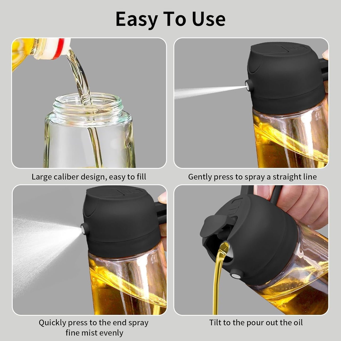 Glass Oil Sprayer and Dispenser Bottle, 500ml Capacity, 2-in-1 Design, Black