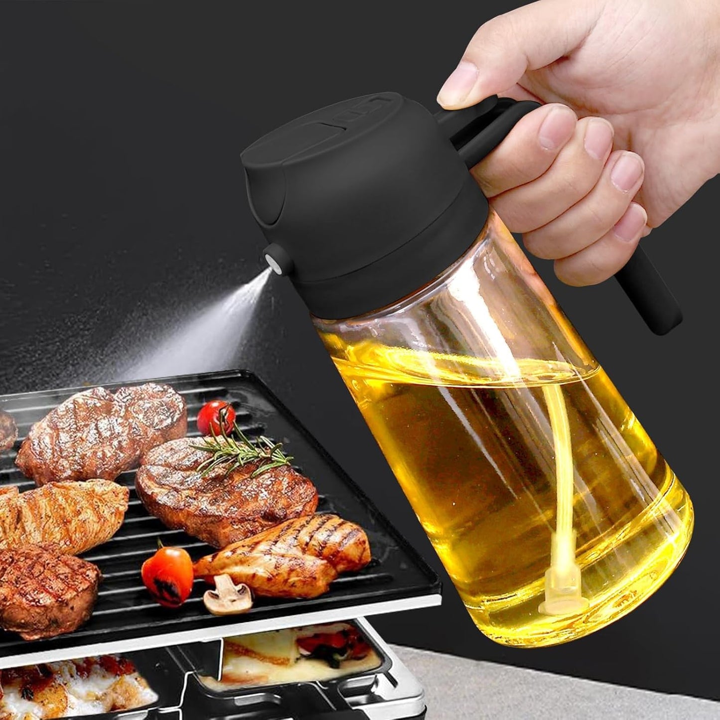 Glass Oil Sprayer and Dispenser Bottle, 500ml Capacity, 2-in-1 Design, Black