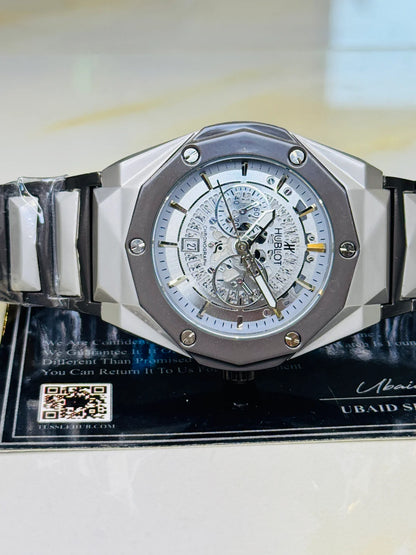 Two Tone Prism Chain Strapped Silver Hologram Dial Hublot Watch
