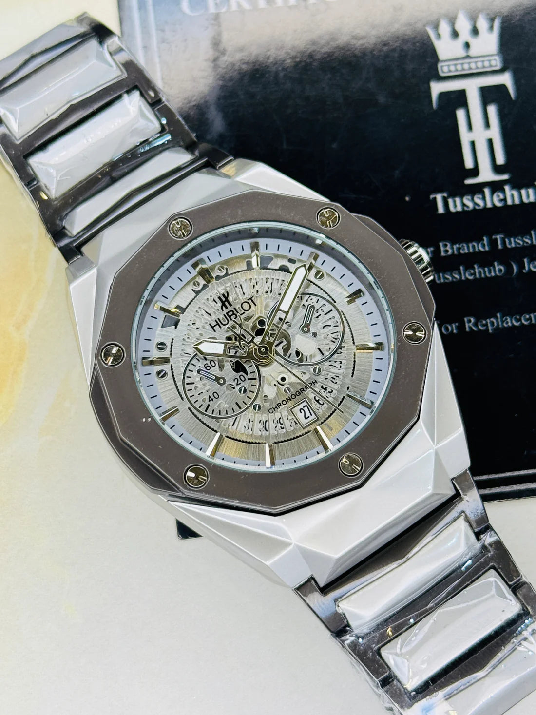 Two Tone Prism Chain Strapped Silver Hologram Dial Hublot Watch