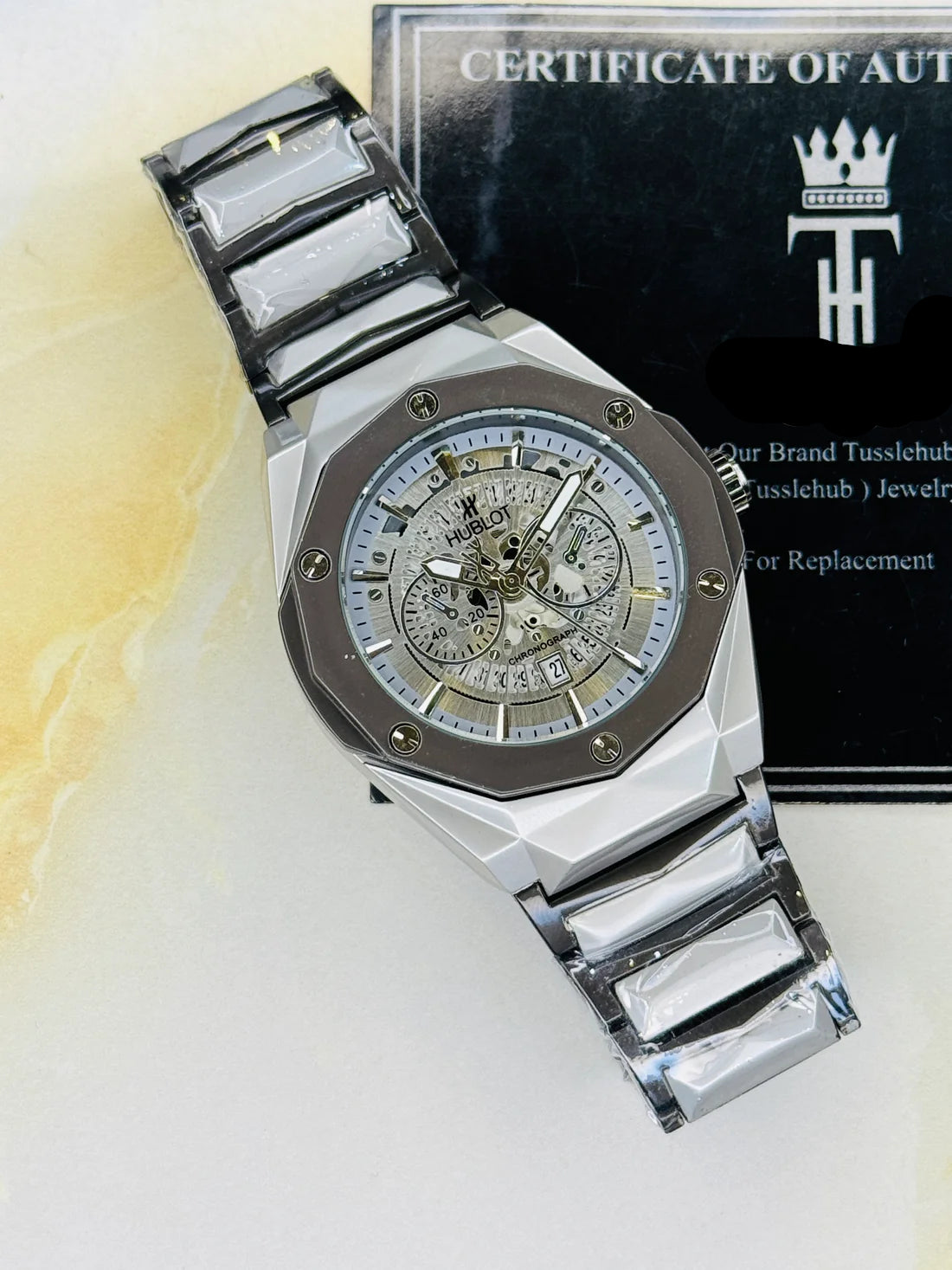 Two Tone Prism Chain Strapped Silver Hologram Dial Hublot Watch