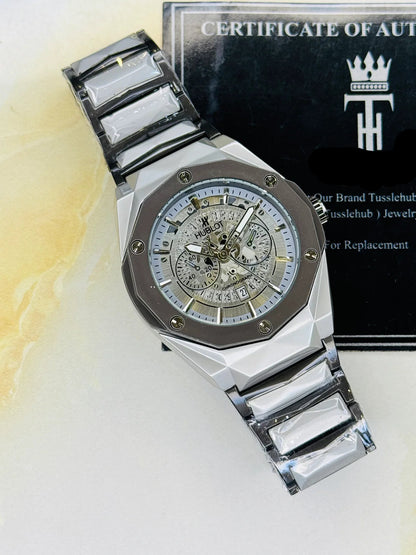 Two Tone Prism Chain Strapped Silver Hologram Dial Hublot Watch